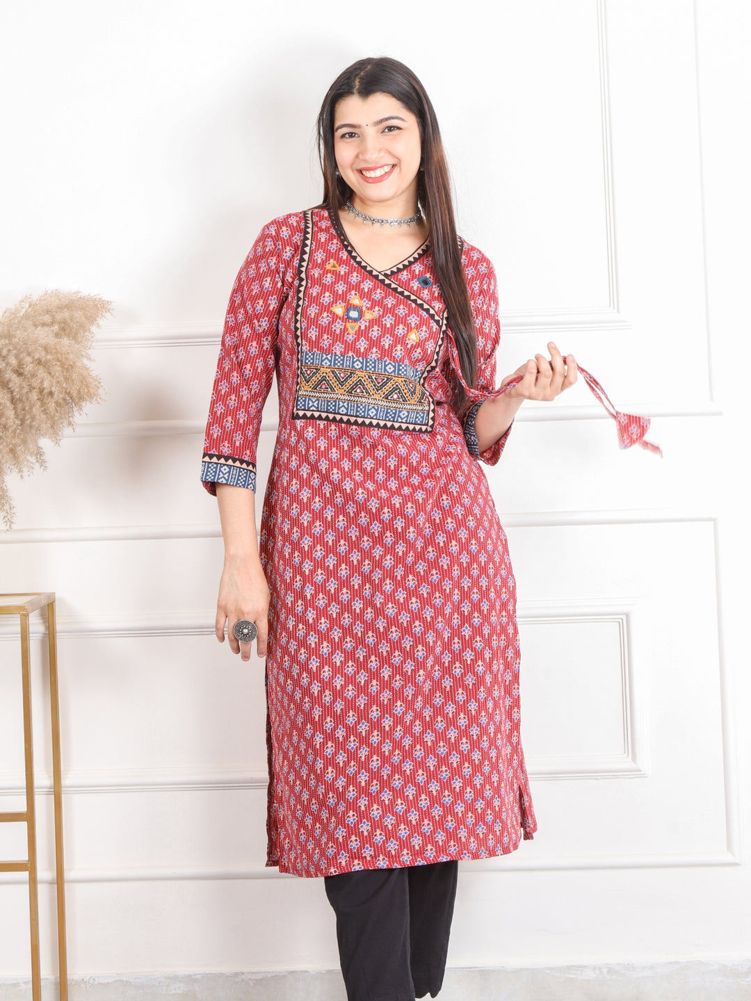 Ghoomer Apple Red Angrakha Style Neck Work Print Cotton Kurti-D8