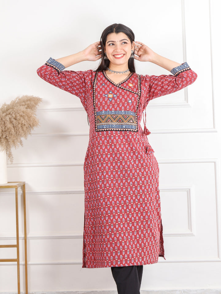 Ghoomer Apple Red Angrakha Style Neck Work Print Cotton Kurti-D6