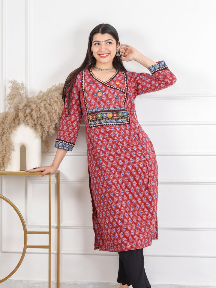 Ghoomer Apple Red Angrakha Style Neck Work Print Cotton Kurti-D5