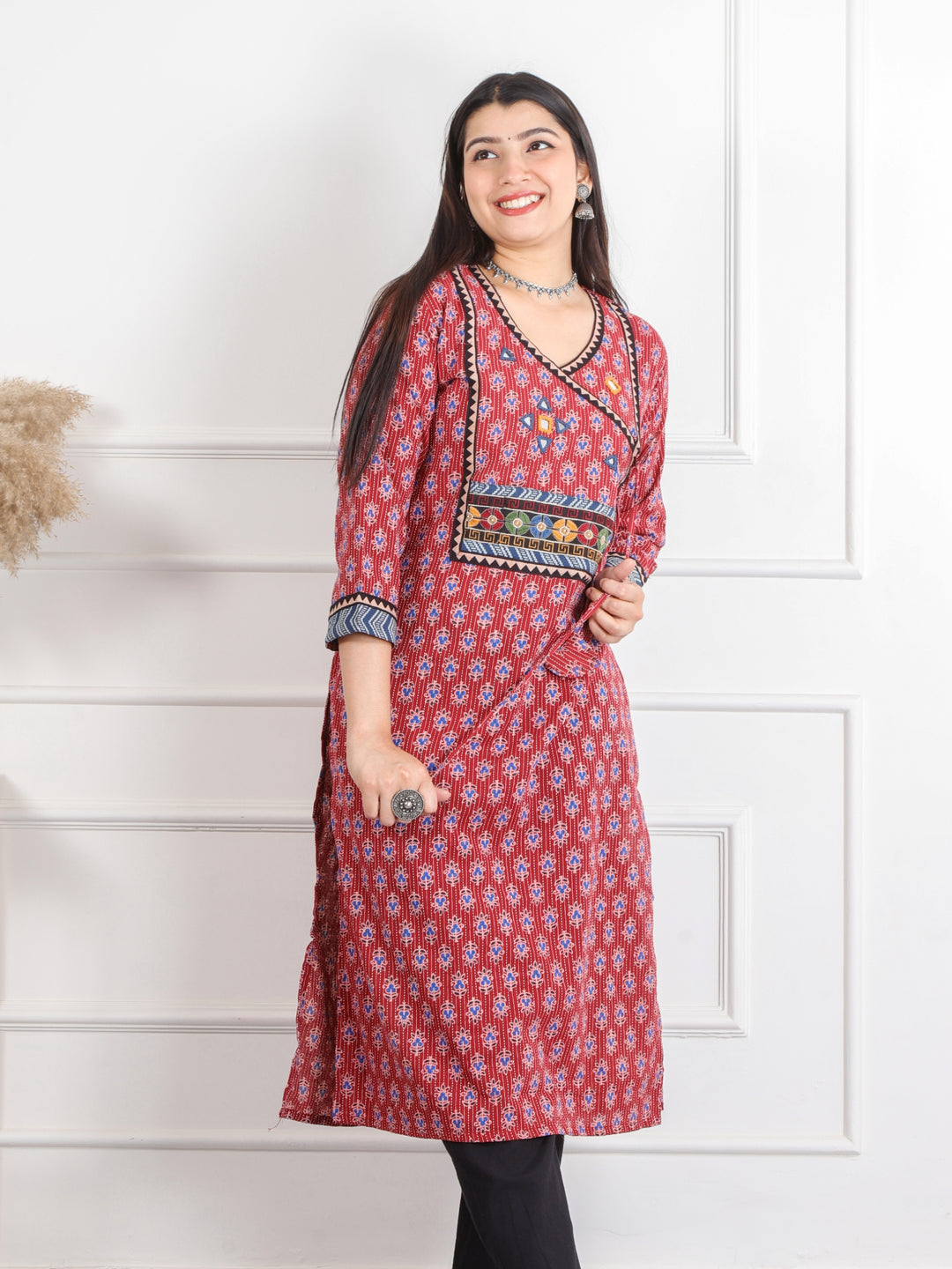 Ghoomer Apple Red Angrakha Style Neck Work Print Cotton Kurti-D5