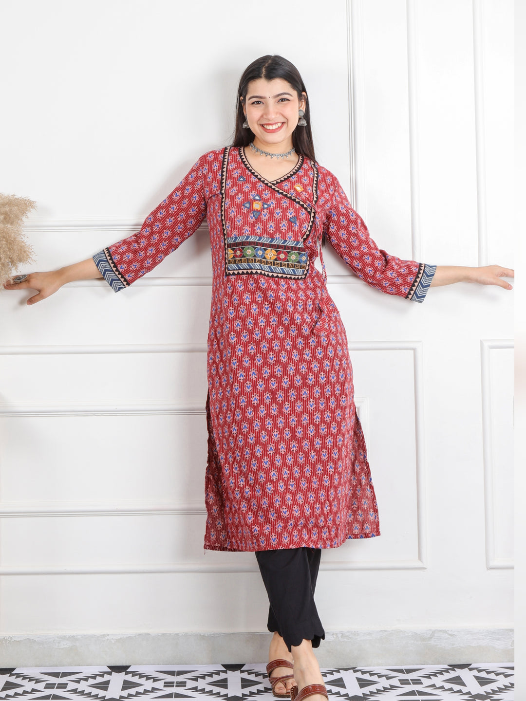 Ghoomer Apple Red Angrakha Style Neck Work Print Cotton Kurti-D5