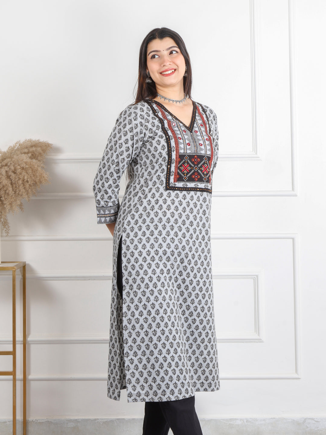 Ghoomar Pearl Grey Kutch Work Ajrak Printed Cotton Kurti-D1