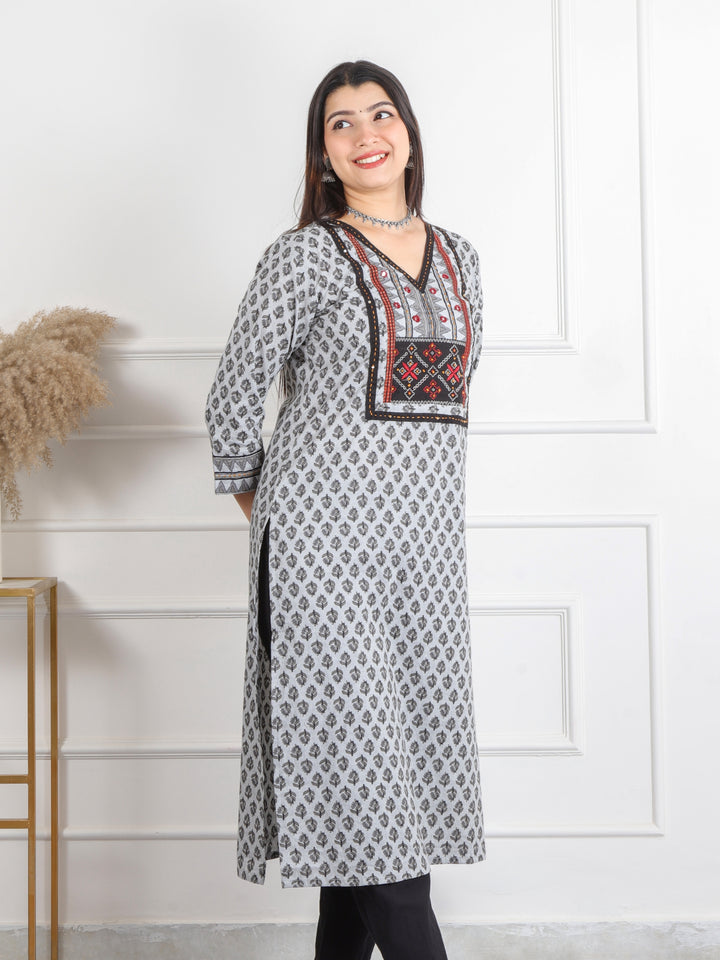 Ghoomar Pearl Grey Kutch Work Ajrak Printed Cotton Kurti-D1