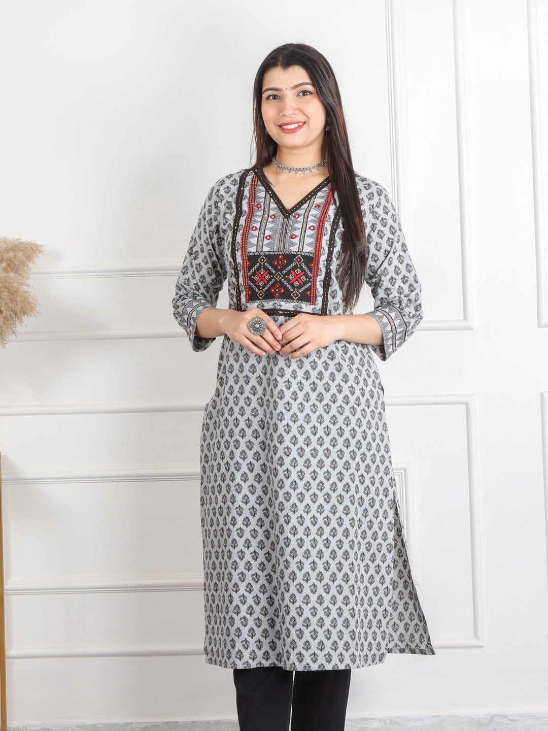Ghoomar Pearl Grey Kutch Work Ajrak Printed Cotton Kurti-D1