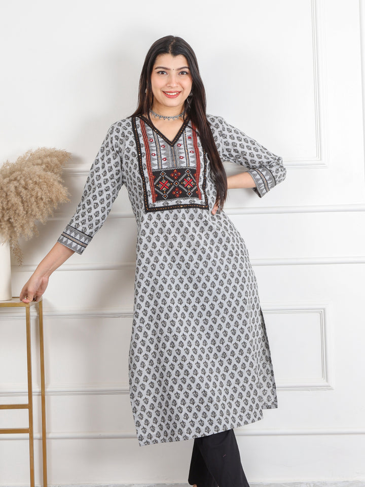 Ghoomar Pearl Grey Kutch Work Ajrak Printed Cotton Kurti-D1