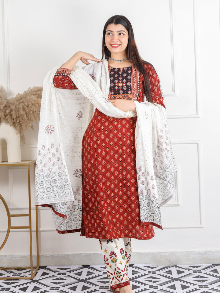 Chaahat Barn Red Kutch Mirror Neck Work Print Cotton 3 Piece Set-D5