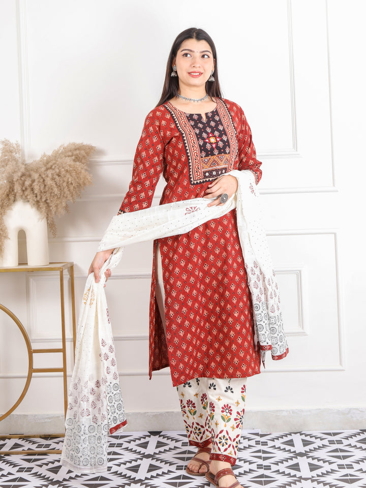 Chaahat Barn Red Kutch Mirror Neck Work Print Cotton 3 Piece Set-D5