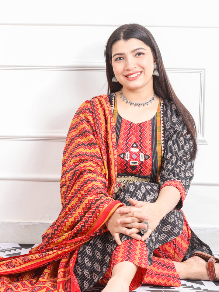 Chaahat Ebony Black Kutch Mirror Neck Work Print Cotton 3 Piece Set D1