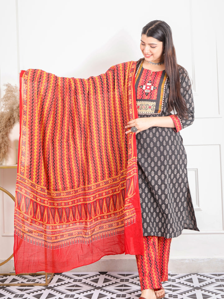 Chaahat Ebony Black Kutch Mirror Neck Work Print Cotton 3 Piece Set D1