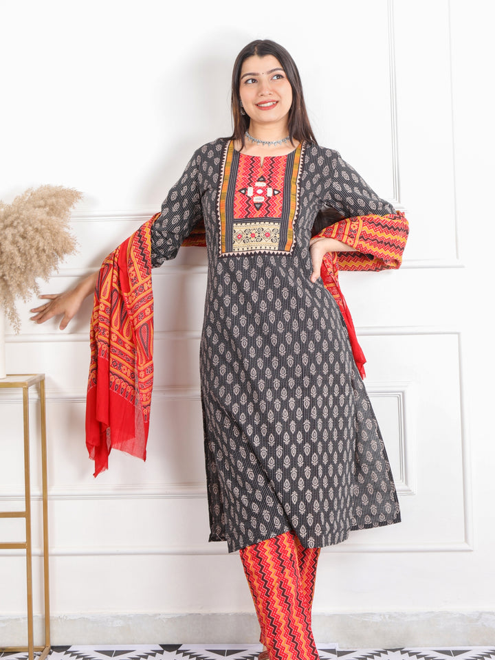 Chaahat Ebony Black Kutch Mirror Neck Work Print Cotton 3 Piece Set D1