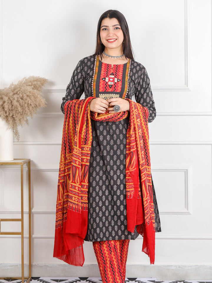 Chaahat Ebony Black Kutch Mirror Neck Work Print Cotton 3 Piece Set D1