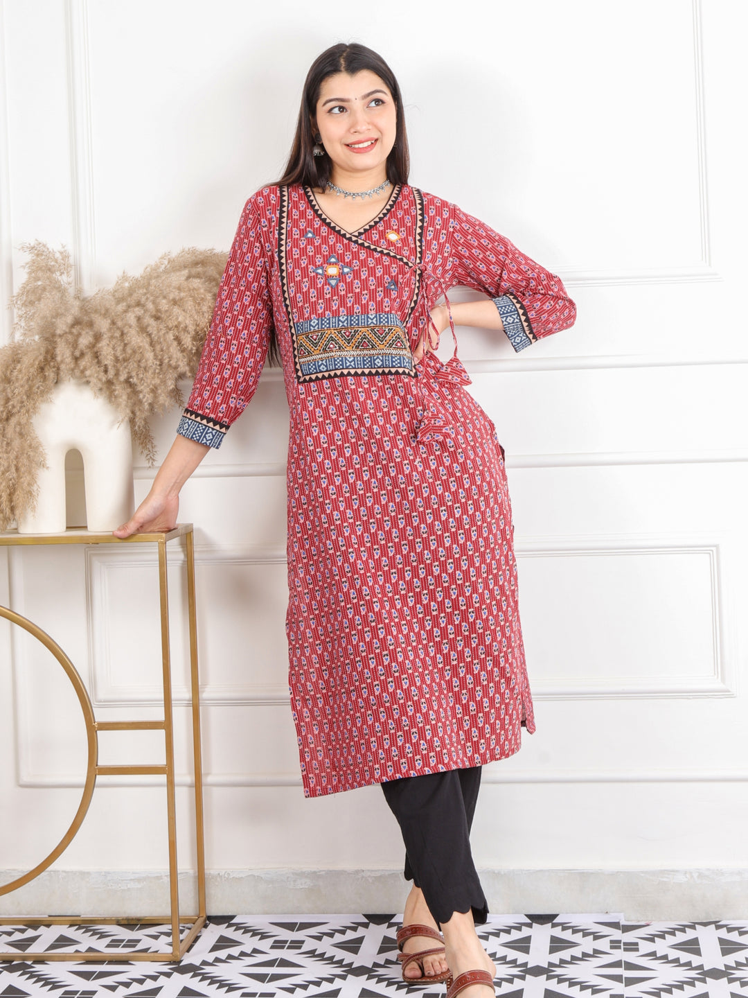 Ghoomer Apple Red Angrakha Style Neck Work Print Cotton Kurti-D6