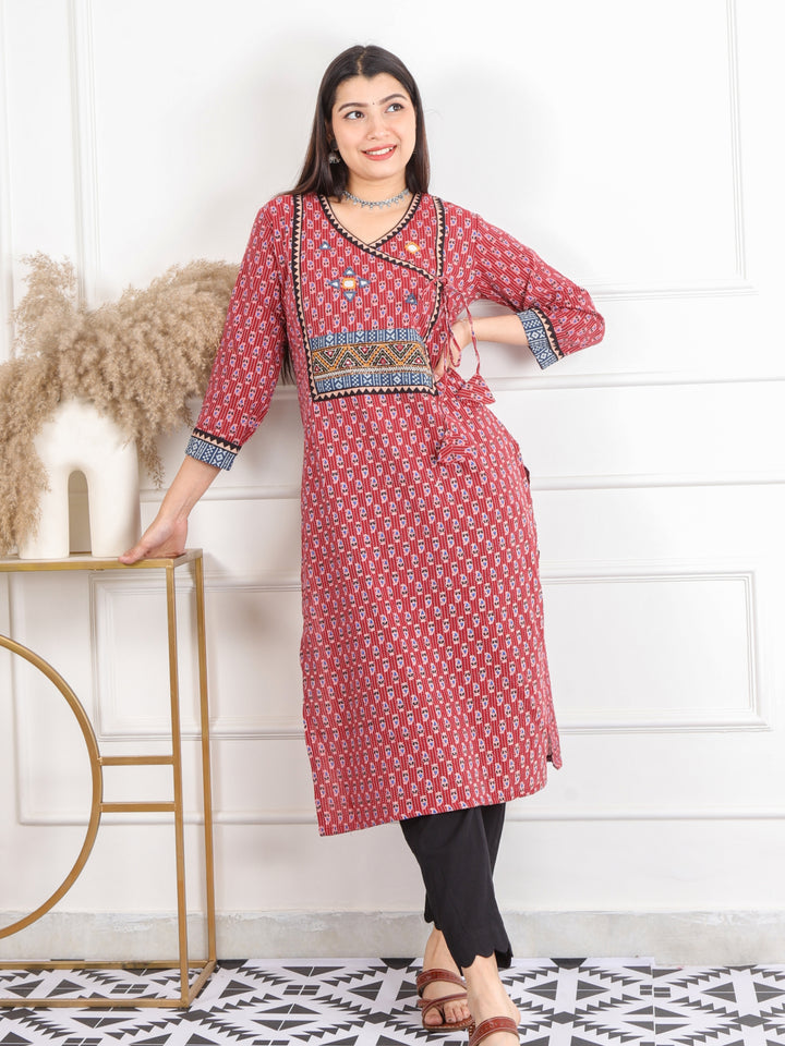 Ghoomer Apple Red Angrakha Style Neck Work Print Cotton Kurti-D6