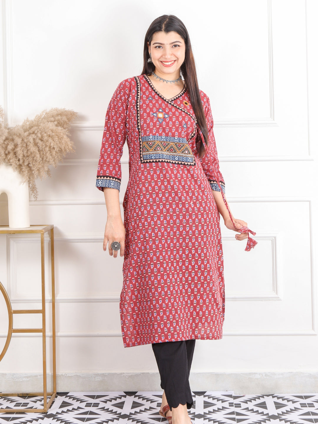 Ghoomer Apple Red Angrakha Style Neck Work Print Cotton Kurti-D6