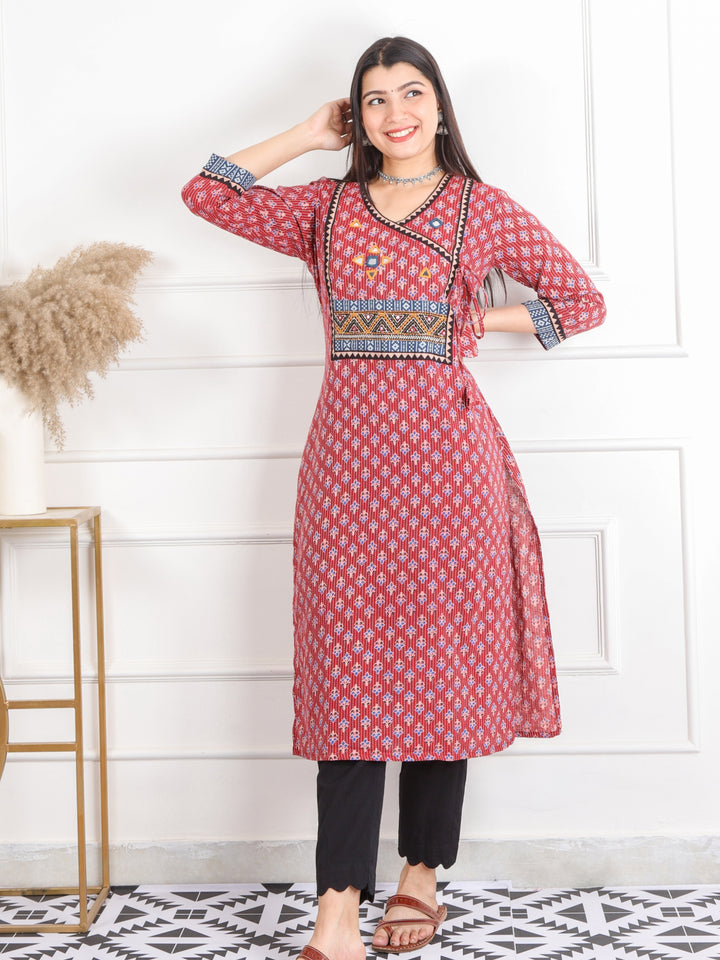 Ghoomer Apple Red Angrakha Style Neck Work Print Cotton Kurti-D8