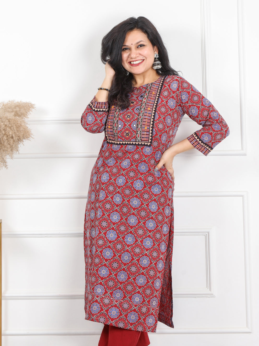 Ghoomar Berry Red Kutch Work Ajrak Printed Cotton Kurti-D1