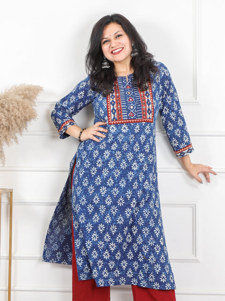 Chaahat Indigo Blue Kutch Mirror Neck Work Ajrak Print Cotton Kurti-D5