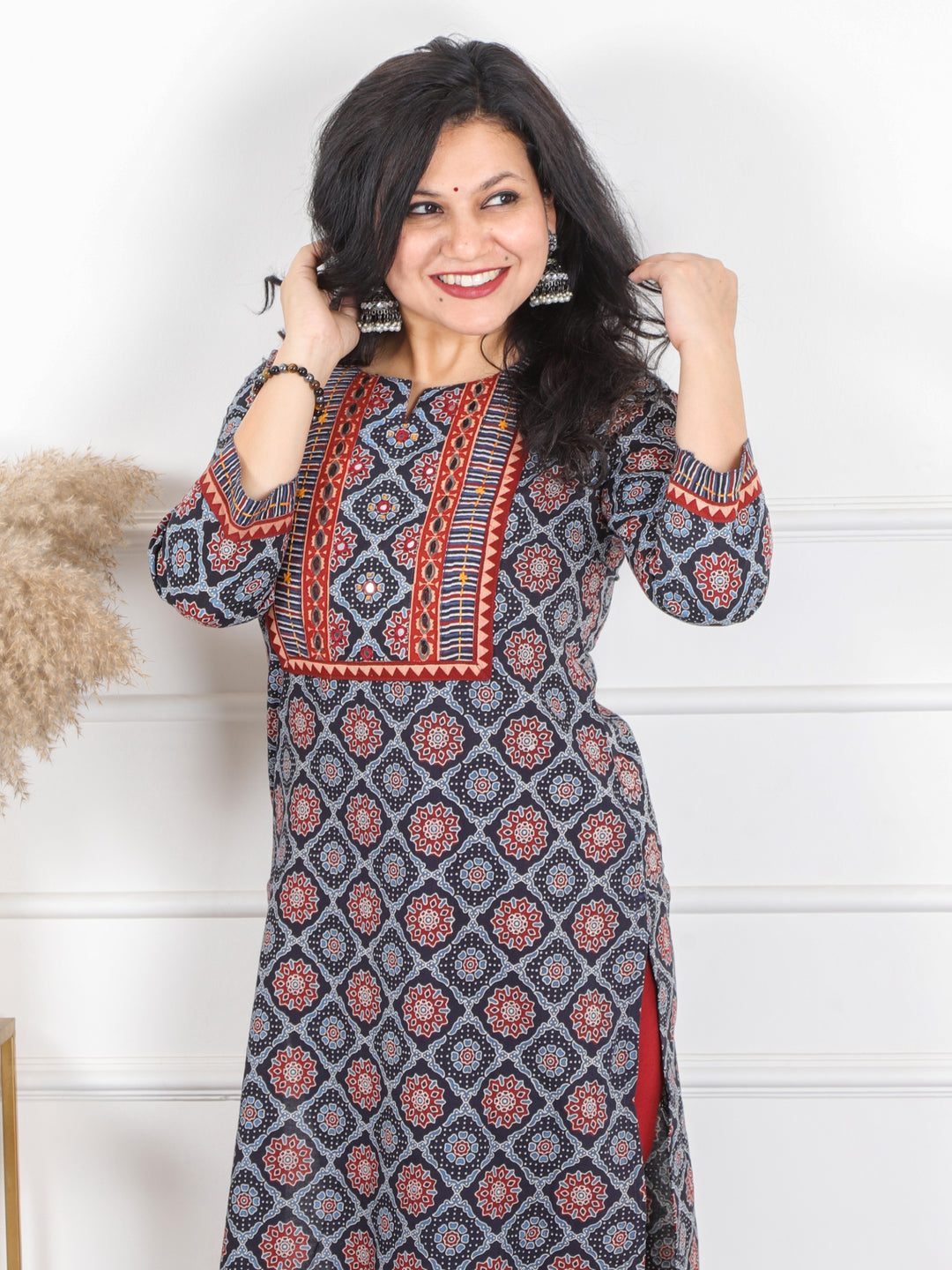 Ghoomar Space Blue Kutch Work Ajrak Printed Cotton Kurti-D1