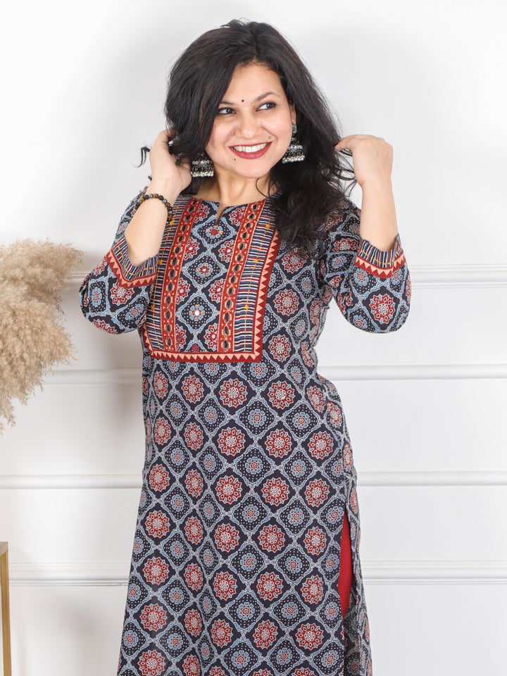 Ghoomar Space Blue Kutch Work Ajrak Printed Cotton Kurti-D1