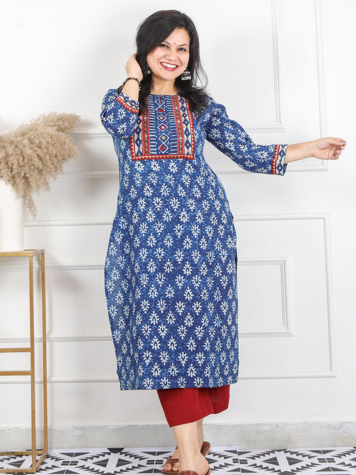Chaahat Indigo Blue Kutch Mirror Neck Work Ajrak Print Cotton Kurti-D5