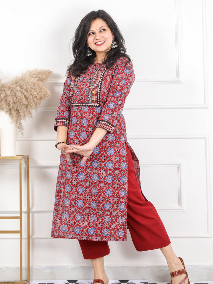 Ghoomar Berry Red Kutch Work Ajrak Printed Cotton Kurti-D1