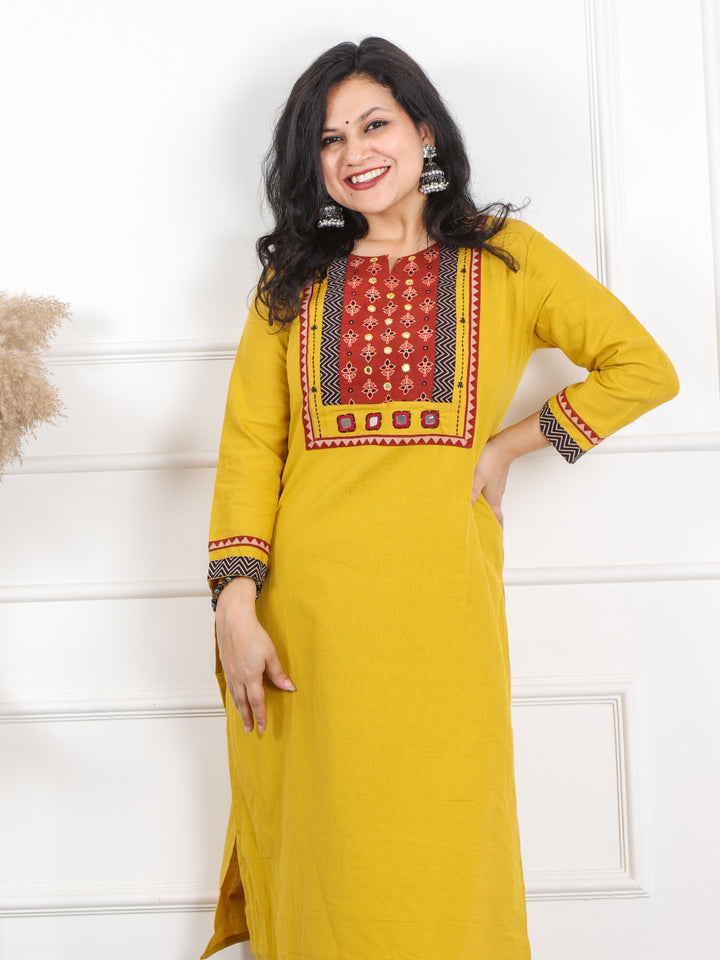 Raavi Dijon Yellow Kutch Neck Work Cotton 2 Piece Set
