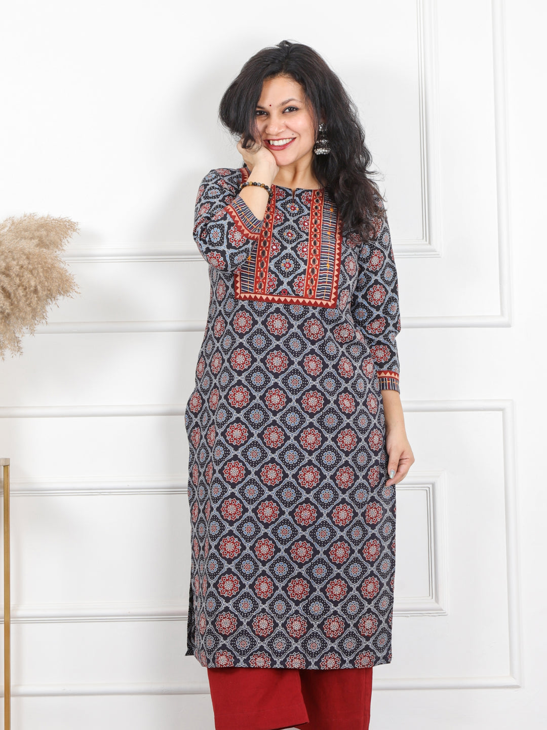 Ghoomar Space Blue Kutch Work Ajrak Printed Cotton Kurti-D1