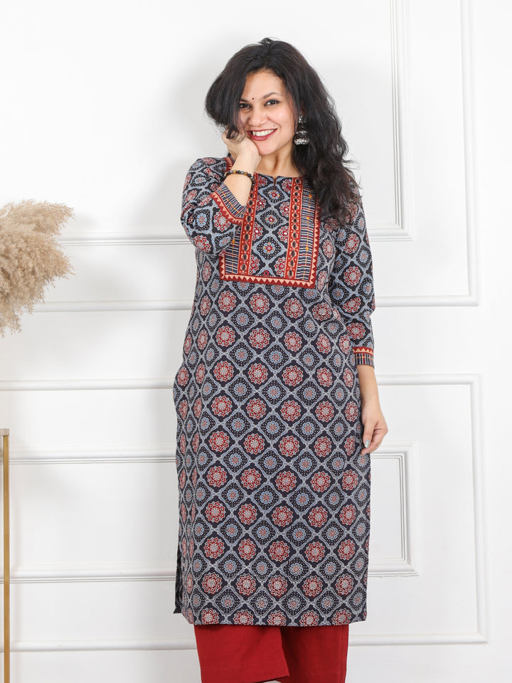 Ghoomar Space Blue Kutch Work Ajrak Printed Cotton Kurti-D1