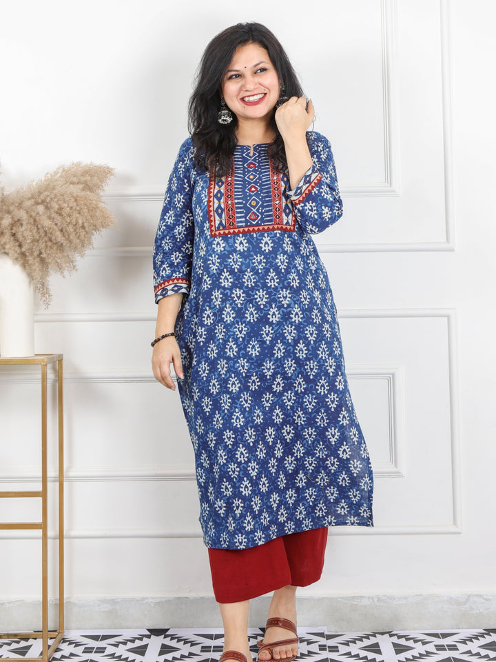 Chaahat Indigo Blue Kutch Mirror Neck Work Ajrak Print Cotton Kurti-D5