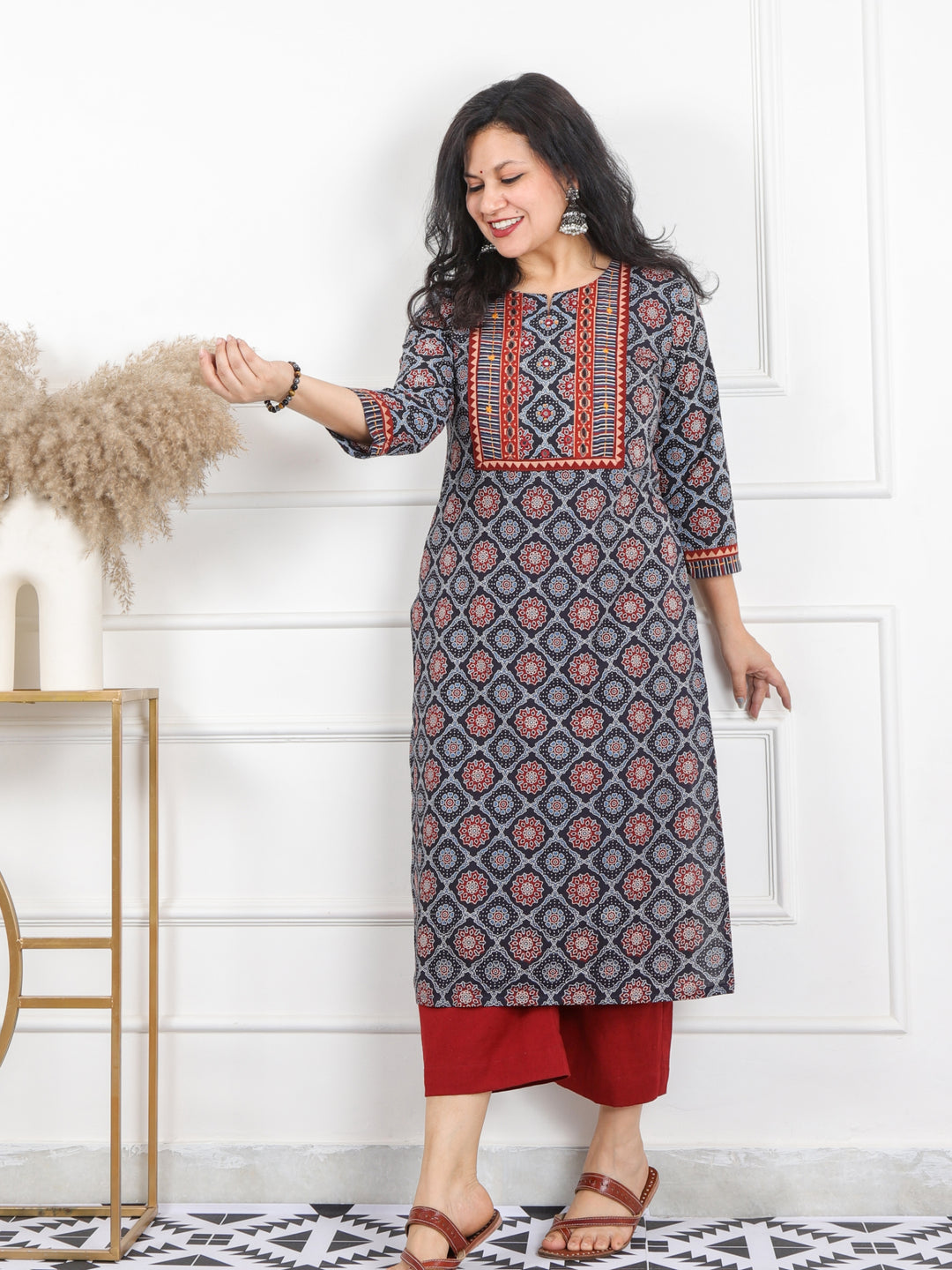 Ghoomar Space Blue Kutch Work Ajrak Printed Cotton Kurti-D1