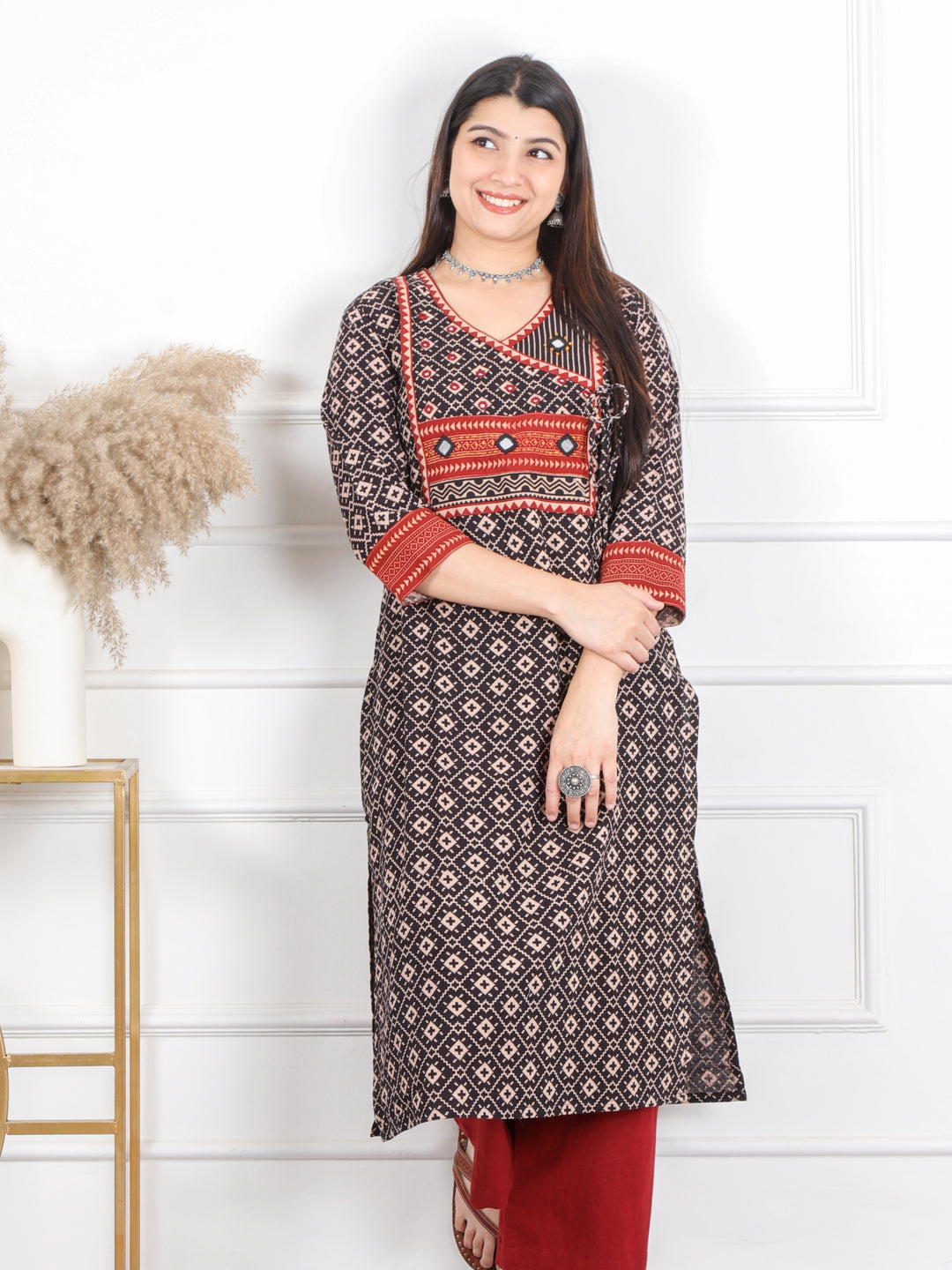 Ghoomer Faded Black Angrakha Style Neck Work Print Cotton Kurti-D2