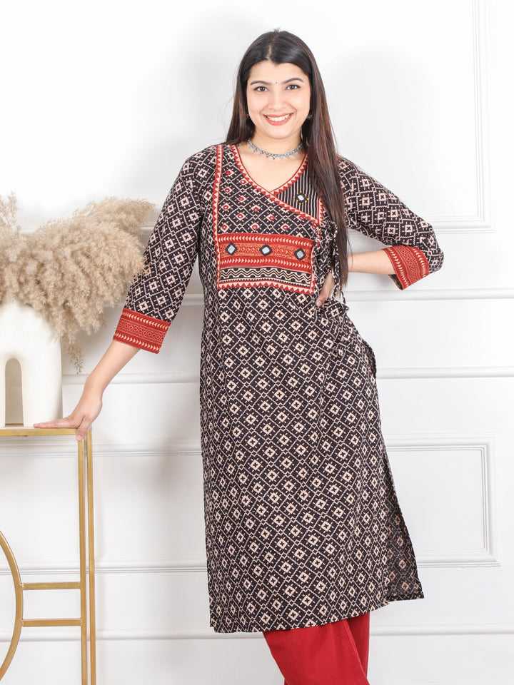 Ghoomer Faded Black Angrakha Style Neck Work Print Cotton Kurti-D2
