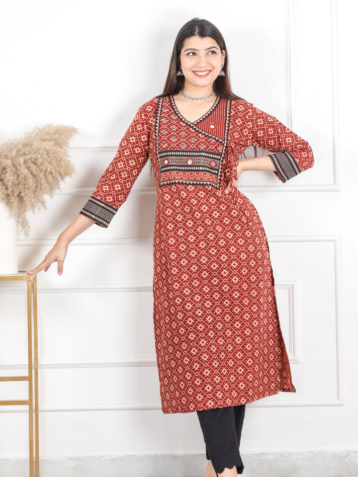Ghoomer Cherry Red Angrakha Style Neck Work Print Cotton Kurti-D4