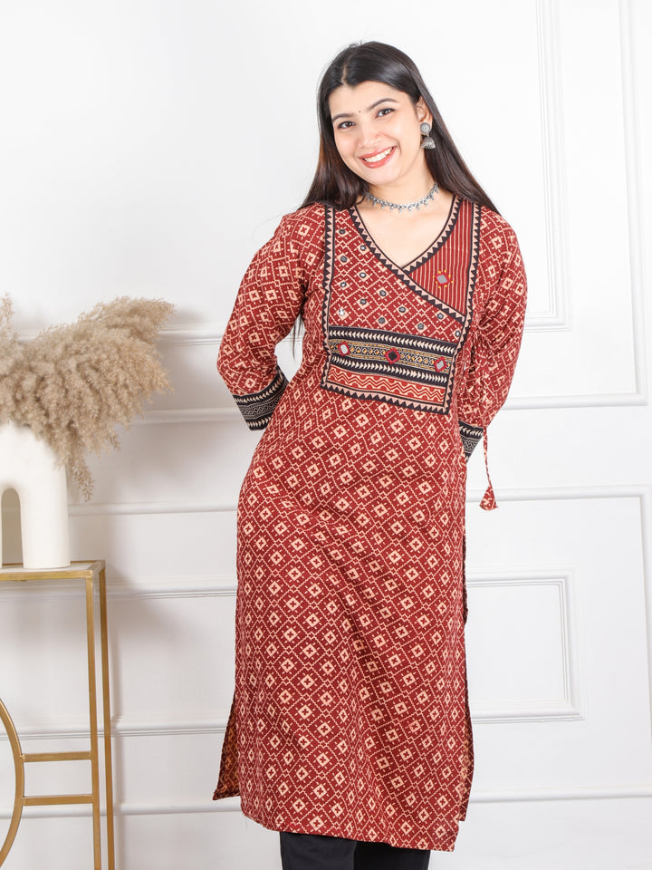 Ghoomer Cherry Red Angrakha Style Neck Work Print Cotton Kurti-D4