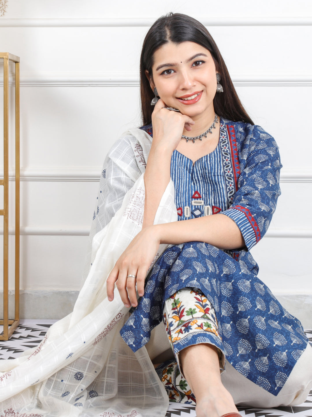 Ghoomar Indigo Blue Kutch Embroidery Neck Work Print Cotton 3 Piece Set D4
