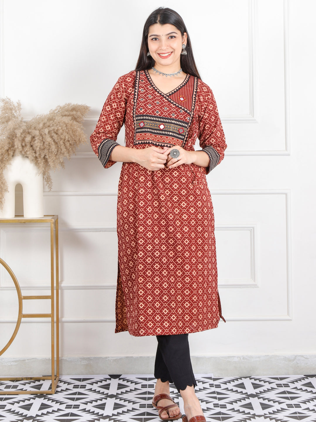 Ghoomer Cherry Red Angrakha Style Neck Work Print Cotton Kurti-D4