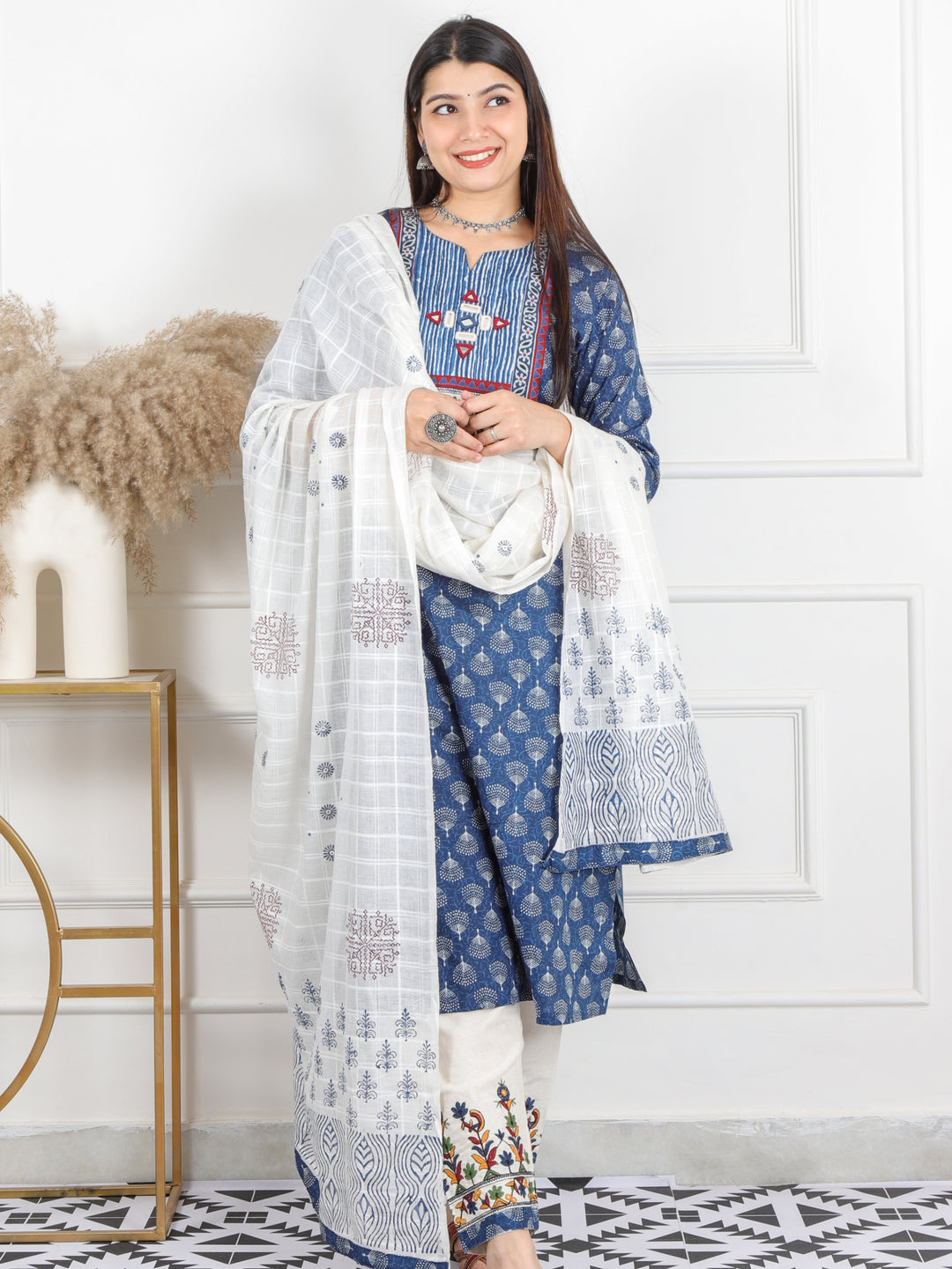 Ghoomar Indigo Blue Kutch Embroidery Neck Work Print Cotton 3 Piece Set D4