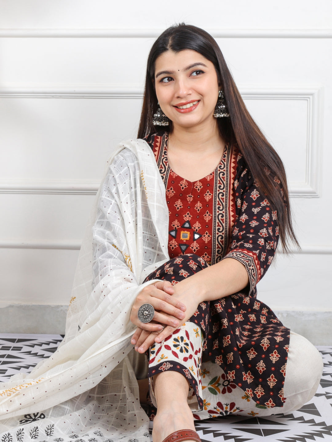 Chaahat Dark Black Kutch Mirror Neck Work Print Cotton 3 Piece Set-D5