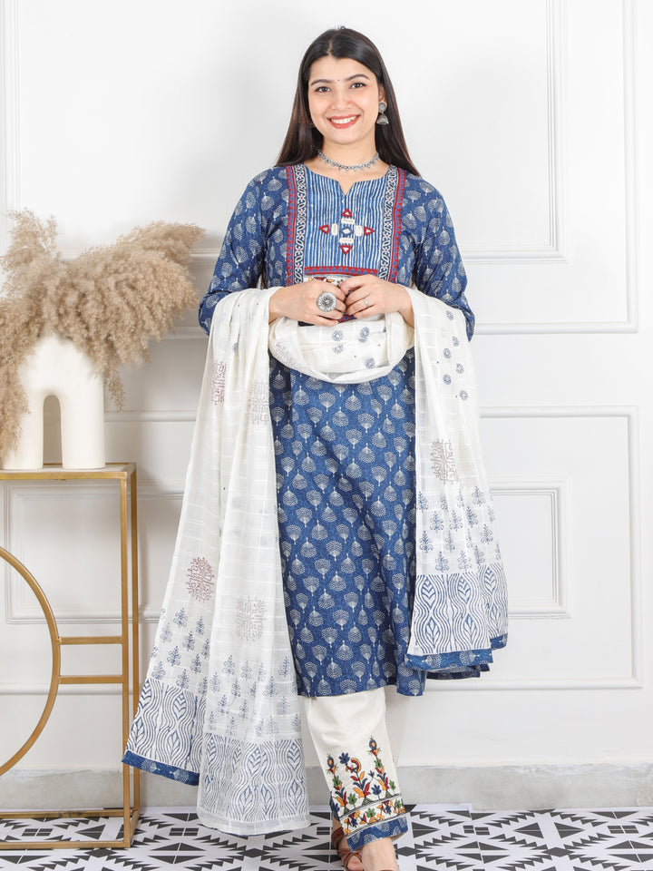 Ghoomar Indigo Blue Kutch Embroidery Neck Work Print Cotton 3 Piece Set D4