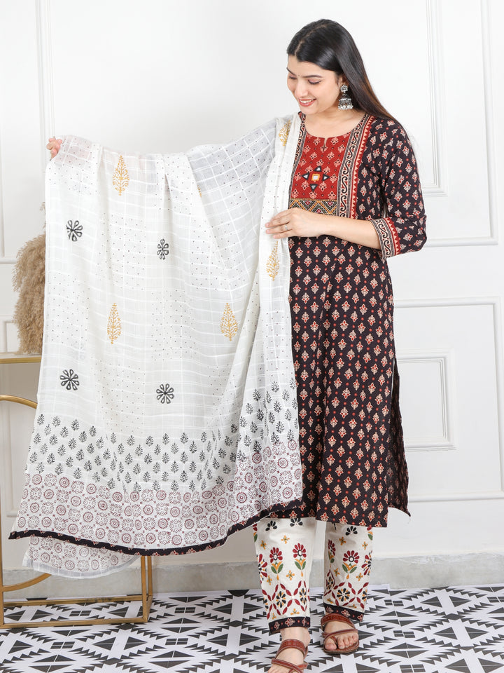 Chaahat Dark Black Kutch Mirror Neck Work Print Cotton 3 Piece Set-D5
