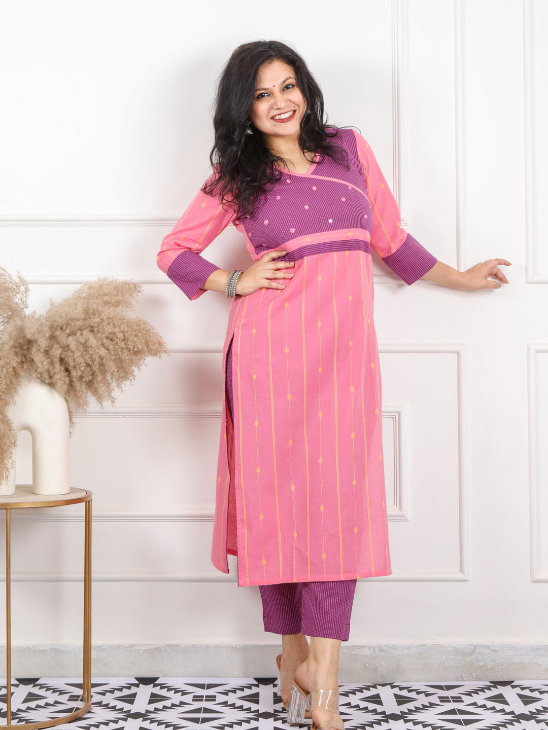 Shaayraana Blush Pink Angrakha Neck Mirror Work Handloom Cotton Kurti