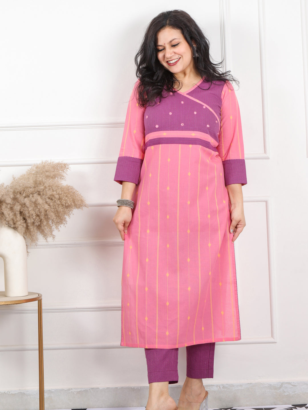 Shaayraana Blush Pink Angrakha Neck Mirror Work Handloom Cotton Kurti