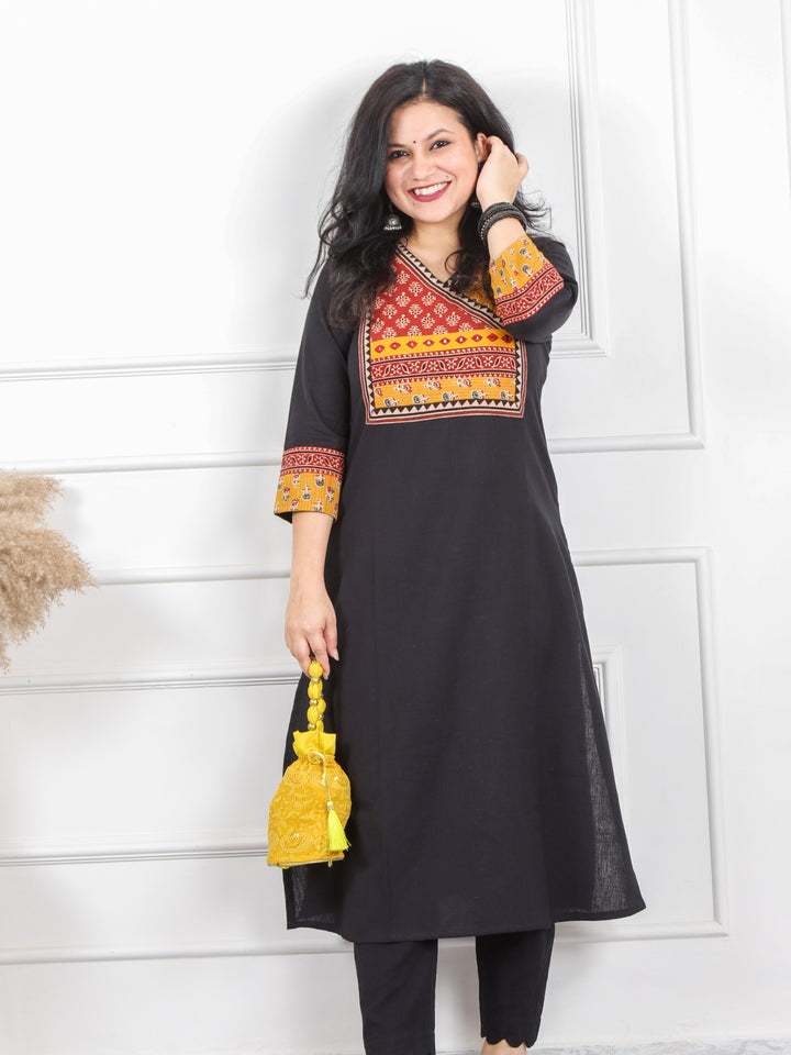 Shaayraana Midnight Black Kutch Fusion Work Cotton Flex Kurti-D1