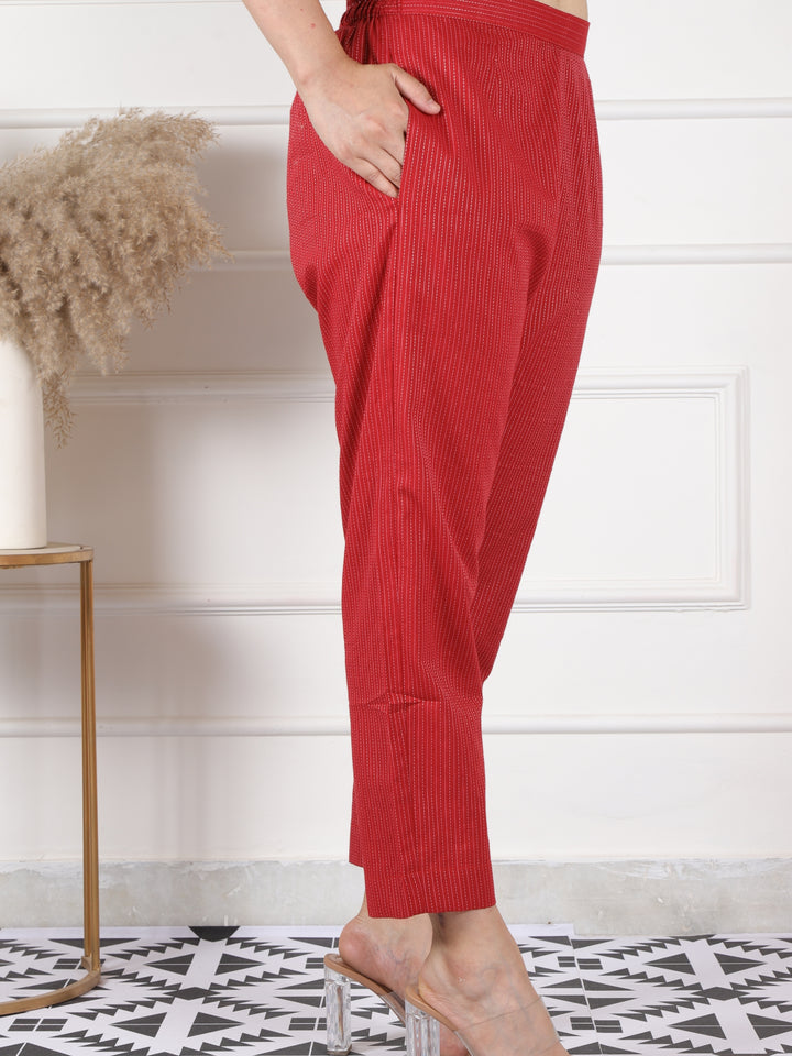 Ruby Red Running Stitch Work Cotton Trouser