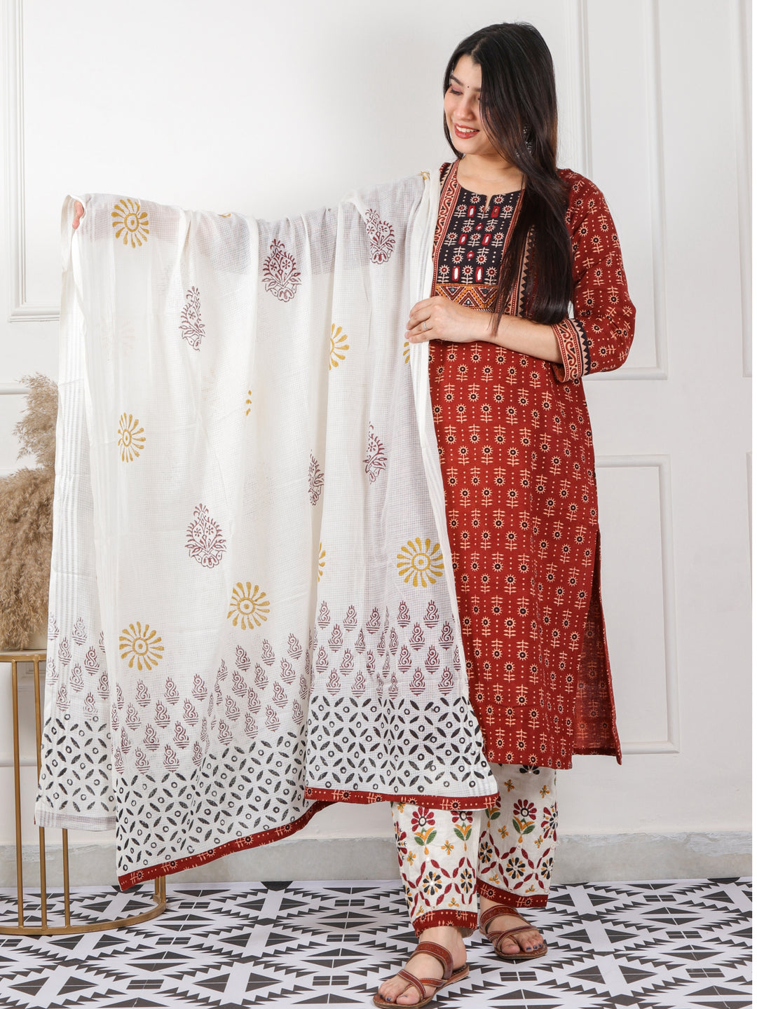 Chaahat Barn Red Kutch Mirror Neck Work Print Cotton 3 Piece Set-D6