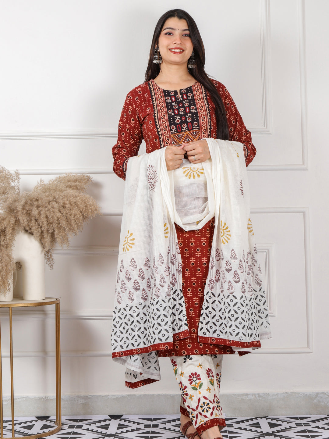 Chaahat Barn Red Kutch Mirror Neck Work Print Cotton 3 Piece Set-D6
