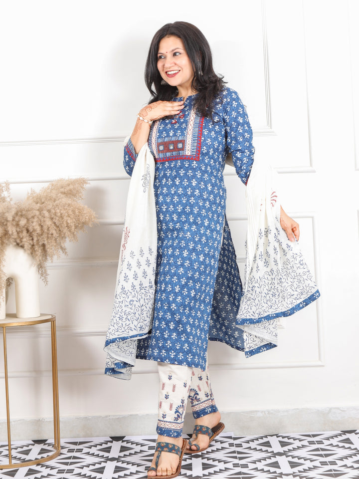 Ghoomar Indigo Blue Kutch Embroidery Neck Work Print Cotton 3 Piece Set-D6