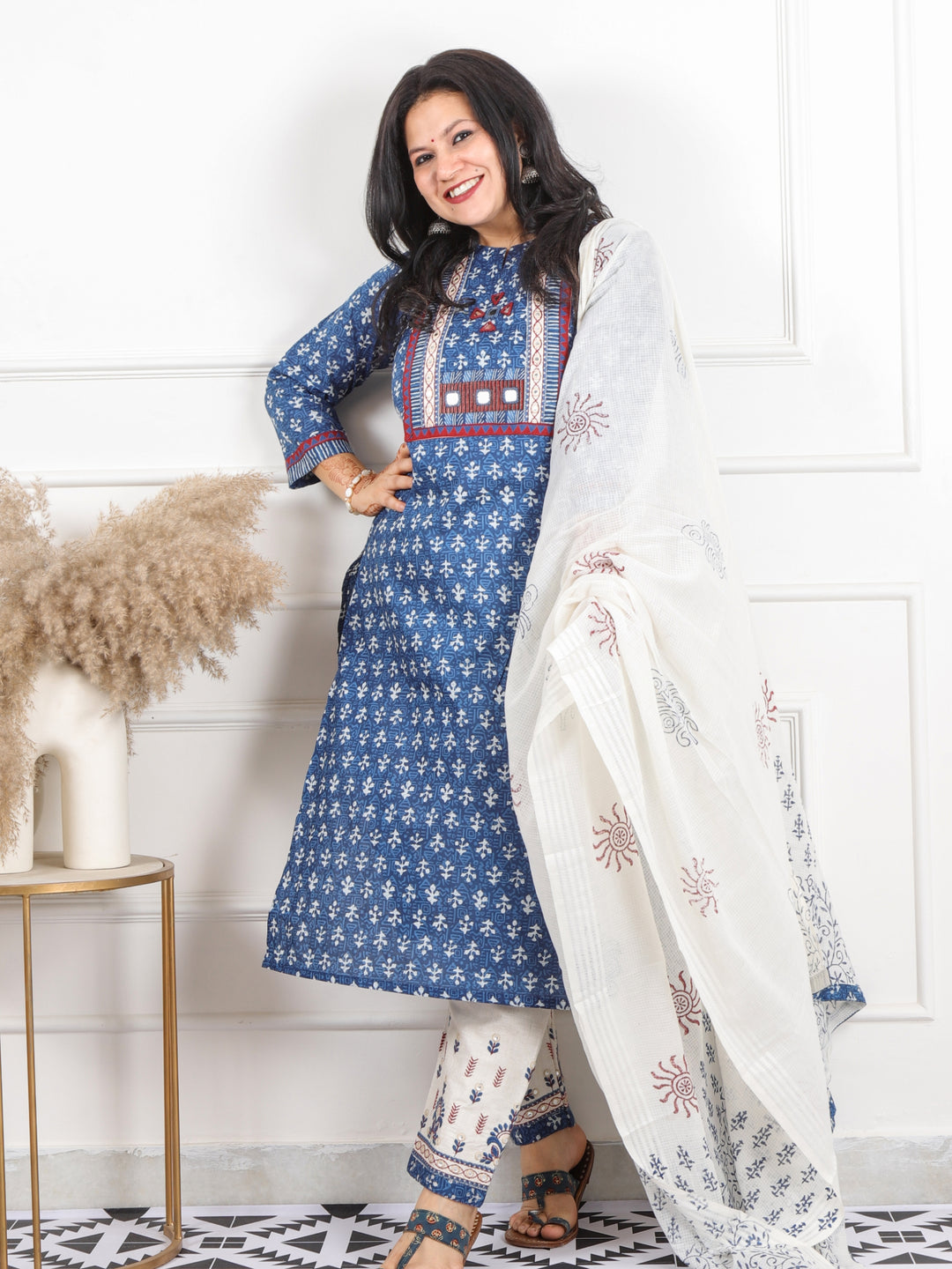 Ghoomar Indigo Blue Kutch Embroidery Neck Work Print Cotton 3 Piece Set-D6