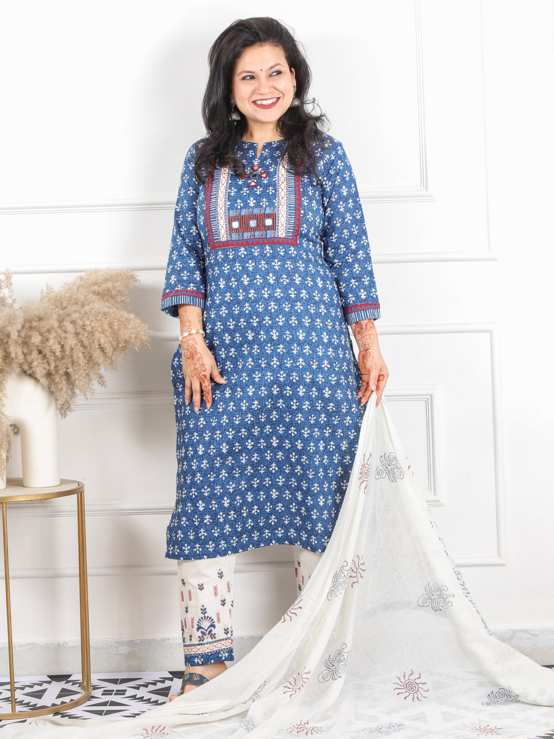 Ghoomar Indigo Blue Kutch Embroidery Neck Work Print Cotton 3 Piece Set-D6