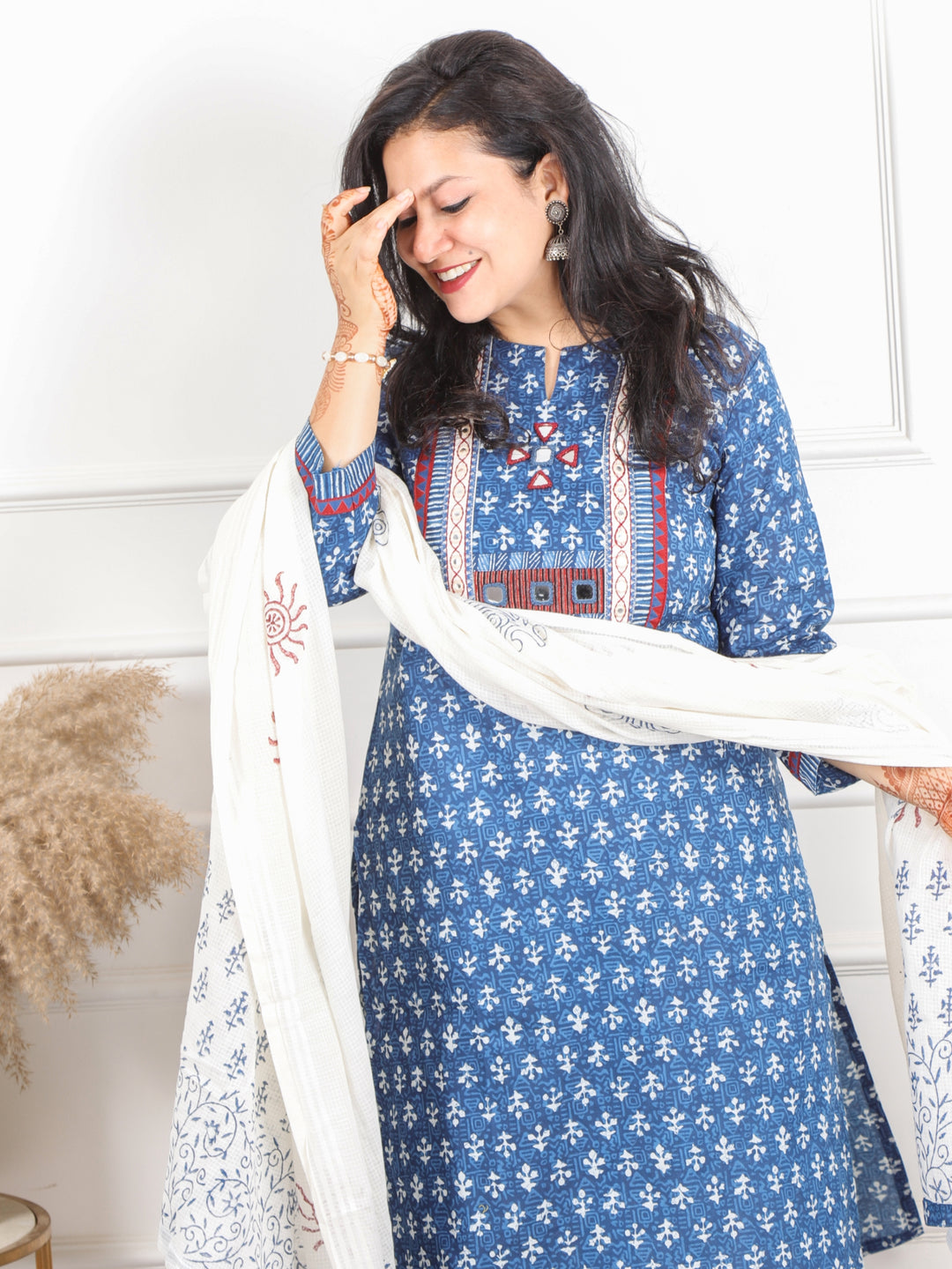 Ghoomar Indigo Blue Kutch Embroidery Neck Work Print Cotton 3 Piece Set-D6